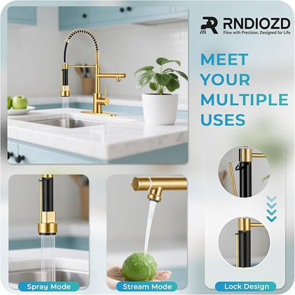 Kitchen Faucet with Pull Down Sprayer - Brushed Gold Single Handle Commercial Kitchen Faucets, 2-Spout Kitchen Sink Faucet, Stainless Steel Spring Pull Out Sink Faucet 1/3 Hole