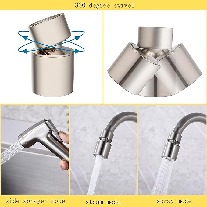 Wall Mount Kitchen Faucet with Side Sprayer, Commercial Sink Faucet 8 Inch Center, 360 Swivel Spout, Dual Functional Sprayer, Utility Sink Mixing, 304 Stainless Steel, Brushed Nickel Finish