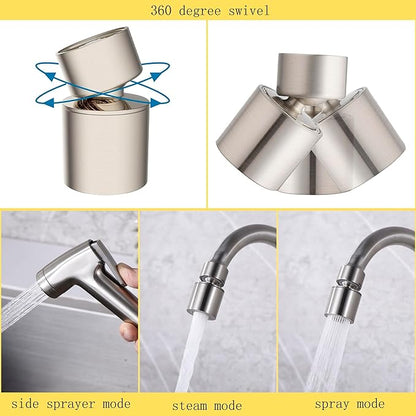 Wall Mount Kitchen Faucet with Side Sprayer, Commercial Sink Faucet 8 Inch Center, 360 Swivel Spout, Dual Functional Sprayer, Utility Sink Mixing, 304 Stainless Steel, Brushed Nickel Finish
