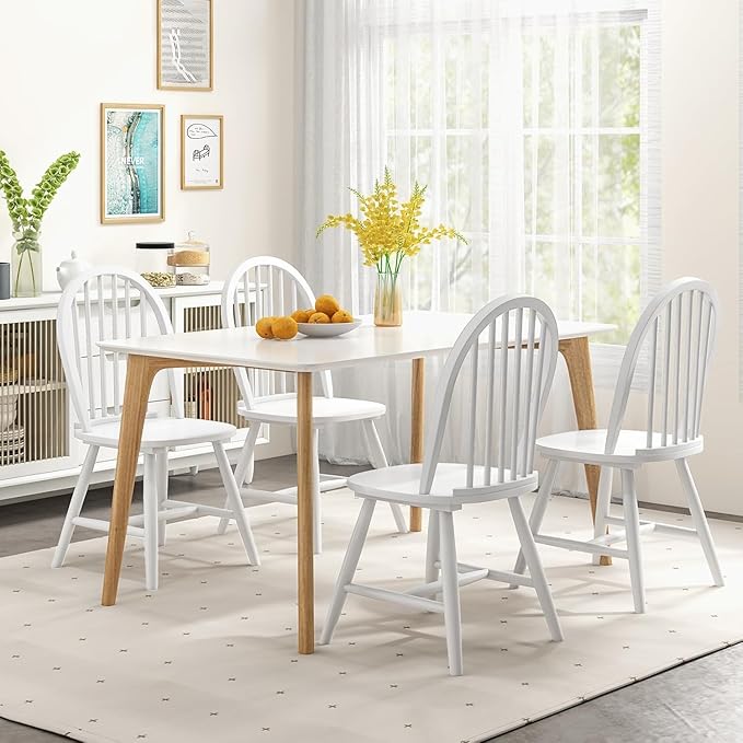 SIMOE Dining Chairs Set of 2, Farmhouse Wooden Kitchen Chairs with Spindle Back, Solid Wood Legs, Windsor Dining Chairs for Kitchen and Dining Room, White