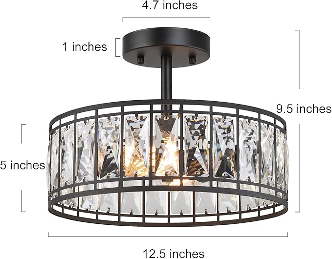 KSANA Modern Farmhouse Crystal Semi Flush Mount Ceiling Light Fixture with Drum Glass Shade for Bedroom, Hallway, Kitchen, Dining & Living Room, Foyer and Bathroom