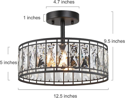 KSANA Modern Farmhouse Crystal Semi Flush Mount Ceiling Light Fixture with Drum Glass Shade for Bedroom, Hallway, Kitchen, Dining & Living Room, Foyer and Bathroom