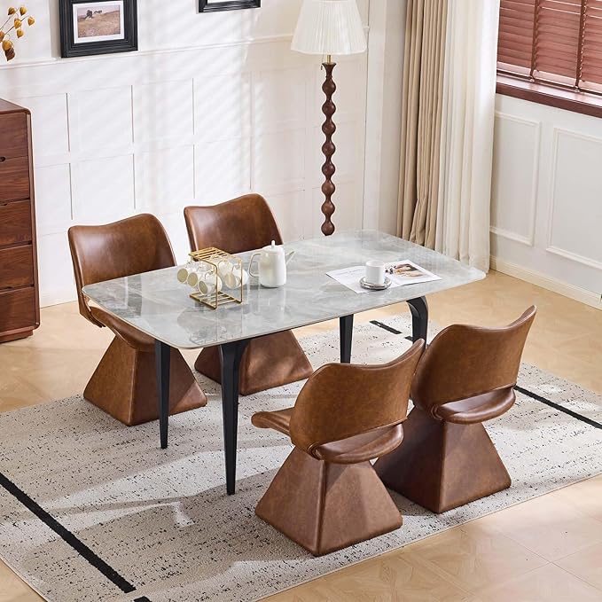 Modern Swivel Dining Chair, Comfy Upholstered Kitchen Chair with Curved High Backrest and Solid Wood Frame for Kitchen Island, Desk, Living Room, Faux Leather (1, Brown)
