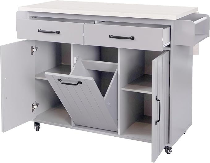Ball & Cast Kitchen Island with Trash Can Storage Cabinet,Kitchen Cart W/Drop Leaf,Spice Rack,Towel Rack and Drawers,Rolling Kitchen Islands on Wheels W/Adjustable Shelf for Dining Room,Grey