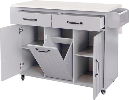 Ball & Cast Kitchen Island with Trash Can Storage Cabinet,Kitchen Cart W/Drop Leaf,Spice Rack,Towel Rack and Drawers,Rolling Kitchen Islands on Wheels W/Adjustable Shelf for Dining Room,Grey