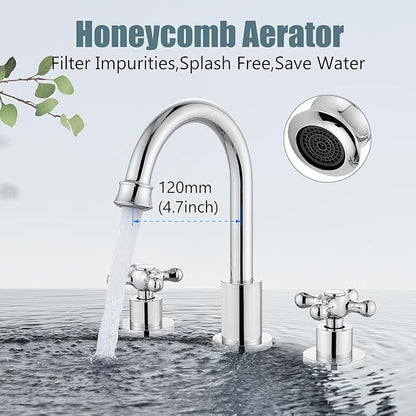 Aolemi 8 Inch 3 Holes Widespread Bathroom Sink Faucet Double Cross Handle SUS304 360 Degree Swivel Spout with Pop Up Drain Deck Mount Lavatory Mixer Tap Polish Chrome