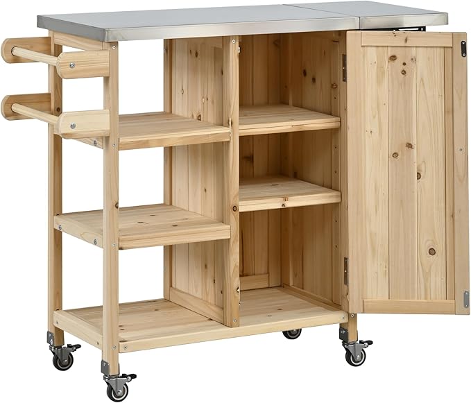 JIJIWANG 33.4" Foldable Outdoor Kitchen Island Patio Kitchen Island Outdoor Kitchen Cart Portable Prep Station with Lockable Wheels, Storage Cabinet and Towel Rack for Patio and Outdoor Natural