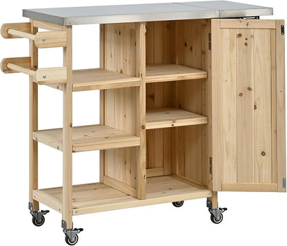 JIJIWANG 33.4" Foldable Outdoor Kitchen Island Patio Kitchen Island Outdoor Kitchen Cart Portable Prep Station with Lockable Wheels, Storage Cabinet and Towel Rack for Patio and Outdoor Natural