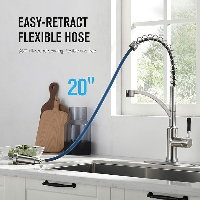 Kitchen Faucet with Pull Down Sprayer, Single Handle Brushed Nickel High Arc Commercial Farmhouse Kitchen Sink Faucet with Deck Plate