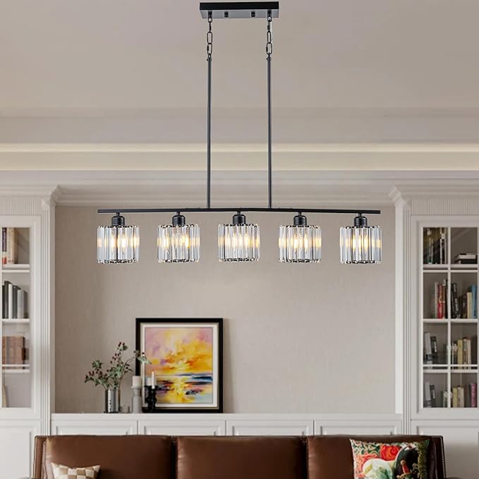 Luxury Crystal Island Lights 5-Light Linear Pendant Kitchen Island Chandelier Lighting for Dining Room Light Fixture Matte Black Finish with Glass Shade 36" L
