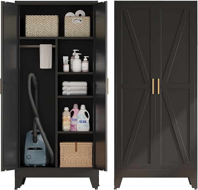 Metal Combination Cabinet, Utility Storage Cabinet with 4 Shelves, Farmhouse Pantry Closet with Doors, 71" Tall Storage Cabinets with Hanging Rod and Clothing Shelf for Hallway Laundry Mudroom