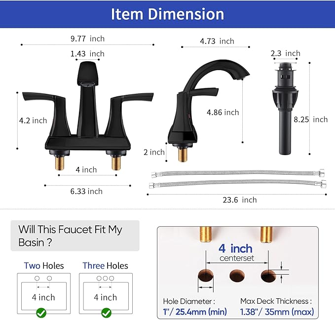 VXV Bathroom Faucet Matte Black, 2 Handles Low Arc Bathroom Sink Faucets, 4 Inch Centerset Bath Lavatory Faucets with Pop-up Drain & Faucet Supply Lines (MB)