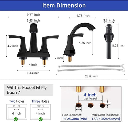 VXV Bathroom Faucet Matte Black, 2 Handles Low Arc Bathroom Sink Faucets, 4 Inch Centerset Bath Lavatory Faucets with Pop-up Drain & Faucet Supply Lines (MB)