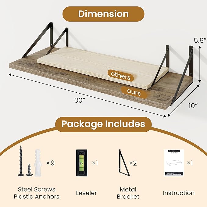 Acovy Deep Floating Shelves for Wall,30" Wx10 D Wood Floating Shelf Set of 2,Sturdy Metal Bracket Wide Display & Storage,Wall Mounted Hanging Floating Shelves for Living Room,Bedroom,Kitchen,Grey