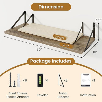 Acovy Deep Floating Shelves for Wall,30" Wx10 D Wood Floating Shelf Set of 2,Sturdy Metal Bracket Wide Display & Storage,Wall Mounted Hanging Floating Shelves for Living Room,Bedroom,Kitchen,Grey
