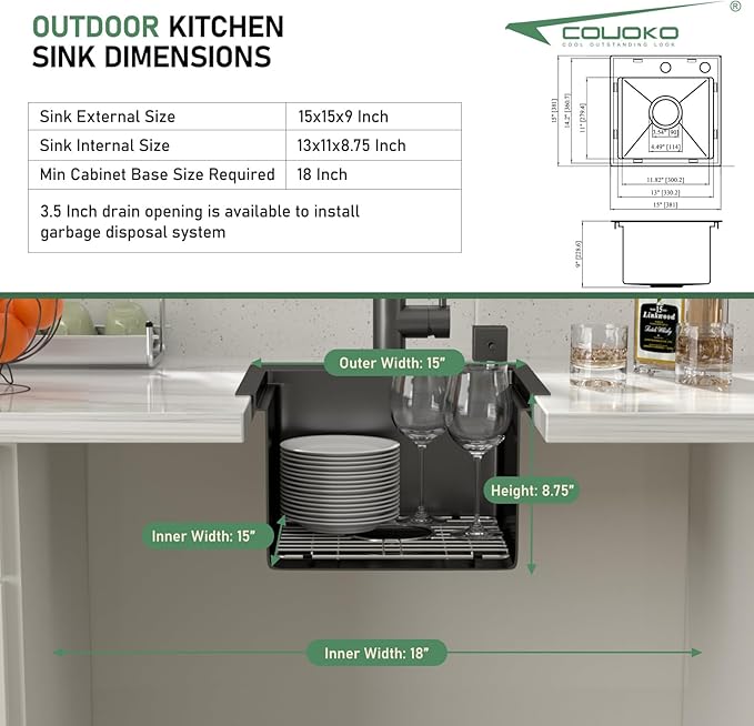 Outdoor Sink and Faucet 15 Inch Drop In Bar Sink Workstation 16 Gauge Stainless Steel Single Bowl Small Outdoor Kitchen Sink Basin With Pull-out Faucet 15x15x9 Inch