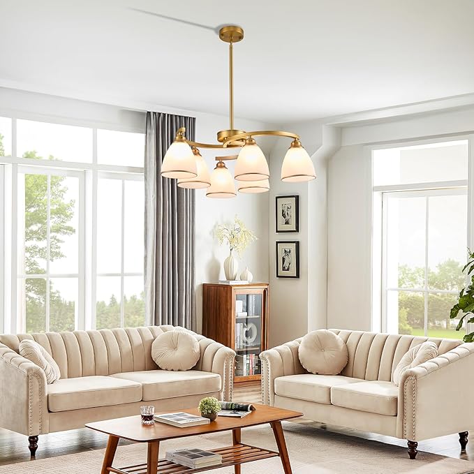 6-Light Modern Gold Chandeliers for Dining Room 59"Max Adjustable Height Farmhouse Pendant Light with Frosted Glass Shades, Metal Hanging Lamp for Kitchen Island, Dining Table, Entryway, Hallway
