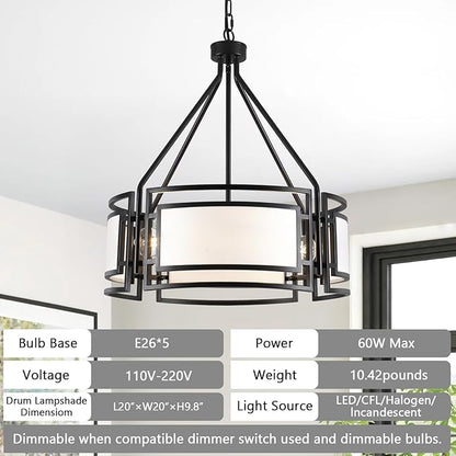 20'' Black Drum Chandeliers, 5Lights Black and White Drum Chandelier Modern Industrial Pendant Light Fixture, Adjustable Fabric Chandelier for Dining Room Kitchen Island Living Room Foyer E26