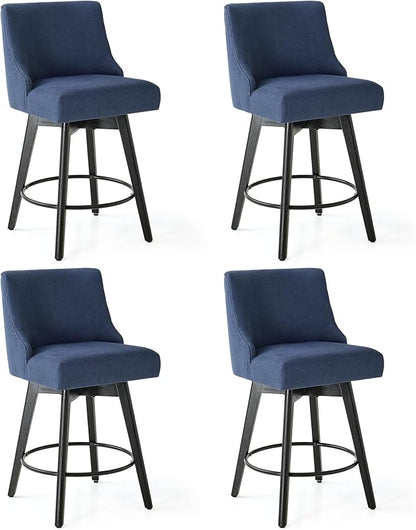 Counter Height Bar Stools Set of 4, Swivel Barstools with Backs and Wood Legs, Linen Fabric Upholstered Counter Stools for Kitchend Island, Mid-Century Modern 26" Seat Height Bar Chairs, Blue