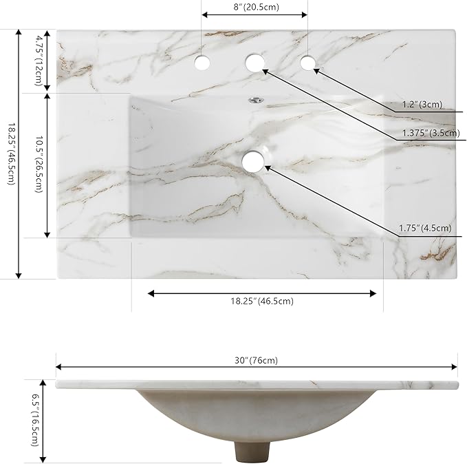 JONATHAN Y SNK1002C Ancillary 3-Hole 30 in. W x 18.25 in. D Classic Contemporary Rectangular Ceramic Single Sink Basin Vanity Top, White Marble Effect