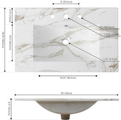 JONATHAN Y SNK1002C Ancillary 3-Hole 30 in. W x 18.25 in. D Classic Contemporary Rectangular Ceramic Single Sink Basin Vanity Top, White Marble Effect