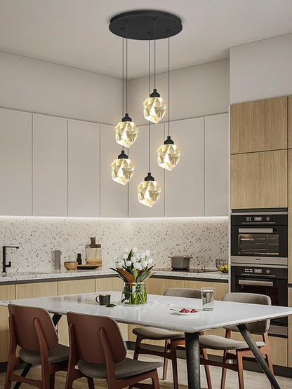 5-Light Cluster Crystal Raindrop Pendant Lights- 25W Black LED Dimmable Hanging Light Fixture Chandelier for Kitchen Island, Dining Room Living Room