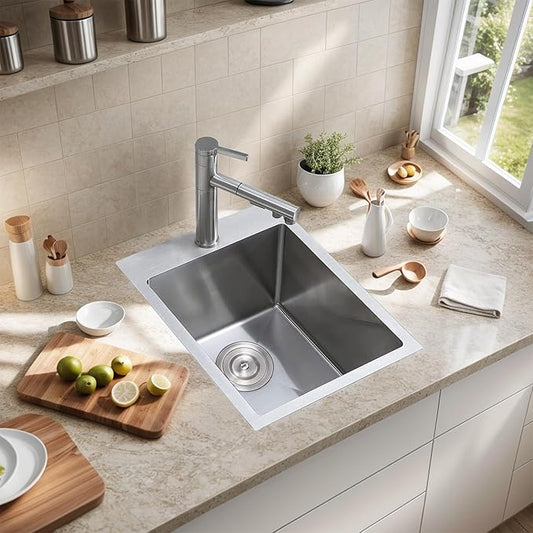 VAPSINT 13x15 Inch Drop In Bar Sink, 13 Inch Top Mount Stainless Steel Small Bar Sink, 16 Guage Handmade Single Bowl for Kitchen Wet Prep Outdoor RV with Grid & Drain Strainer