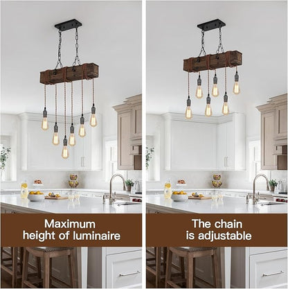KEESFU 6-Lights Dining Farmhouse Chandelier, Farmhouse Wooden Ceiling Pendant Light, Height Adjustable, Rustic Chandelier for Kitchen Island Dining Room Bar Pool Table Cabin.