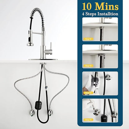 Ibergrif Kitchen Faucets with Pull Down Sprayer, Single Handle Pull Out Spring Sink Faucets High Arc Brushed Nickel Stainless Steel 1 or 3 Hole for RV Laundry Farmhouse Bar