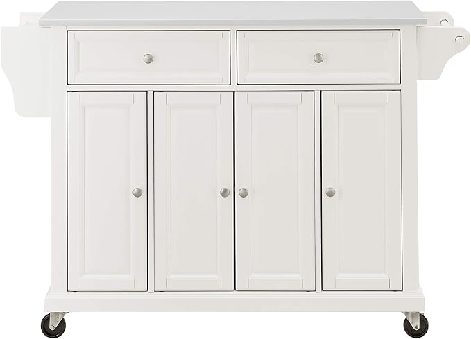 Crosley Furniture Full Size Stone Top Rolling Kitchen Island Storage Cart, Microwave Stand, Spice Rack, White