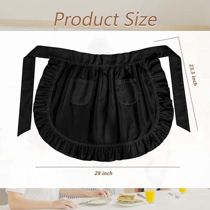 Geyoga Aprons for Women with Pockets Kitchen Cooking Waitress Maid Apron Vintage Skirt Cute Ruffle Dress Costume(Black,Waist Style)
