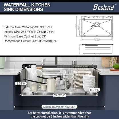 30 Inch Smart Waterfall Kitchen Sink - Beslend 30x19 Stainless Steel Drop In Waterfall Sink Topmount Workstation 16 Gauge Modern Sinks Single Bowl with Faucet, Cup Washer and Digital Display
