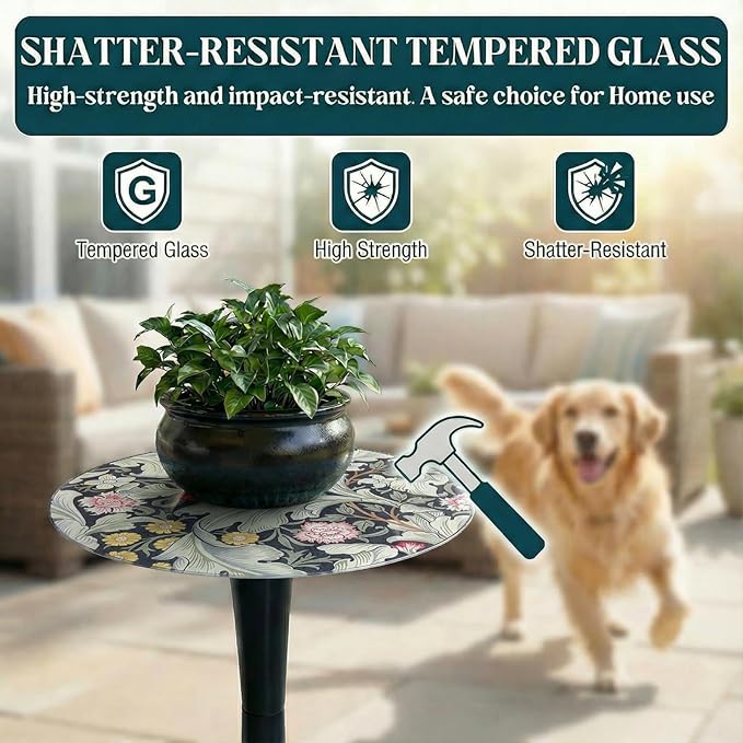 Simmer Stone 13.4" Outdoor Side Table, Round Patio Bistro Table Printed Tempered Glass Top, Waterproof Rust-Proof Base, Small Plant Stand for Balcony, Garden, Deck, 21.6" H (Morris Green)