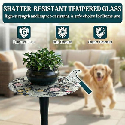 Simmer Stone 13.4" Outdoor Side Table, Round Patio Bistro Table Printed Tempered Glass Top, Waterproof Rust-Proof Base, Small Plant Stand for Balcony, Garden, Deck, 21.6" H (Morris Green)