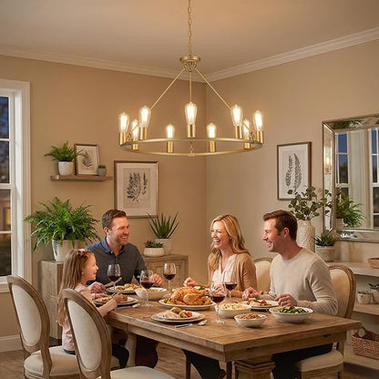 9-Lights Gold Chandelier | Dia 32'' Farmhouse Wagon Wheel Chandelier | Rustic Hanging Dining Room Light Fixture | Apply to Living Room | Kitchen Island | Entryway | Foyer