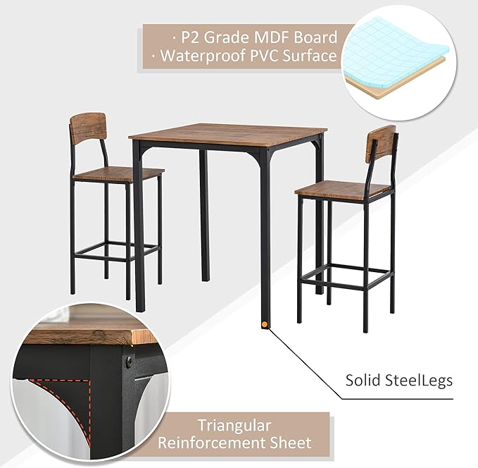 3 Piece Bar Table Set with Steel Legs & Footrests White Industrial Counter Height Dining Table for Small Spaces Kitchen Home Decor,Rustic Brown