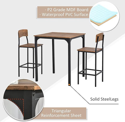 3 Piece Bar Table Set with Steel Legs & Footrests White Industrial Counter Height Dining Table for Small Spaces Kitchen Home Decor,Rustic Brown