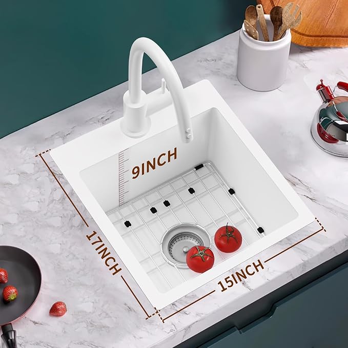 White Kitchen & Bar Sink, 15x17 Inch Stainless Steel Kitchen Sink Single Bowl Topmount Kitchen Sink With Sink Grid And Drain Assembly Bright White Bar Sink Enhance Aesthetic Appeal Of Modern Kitchen