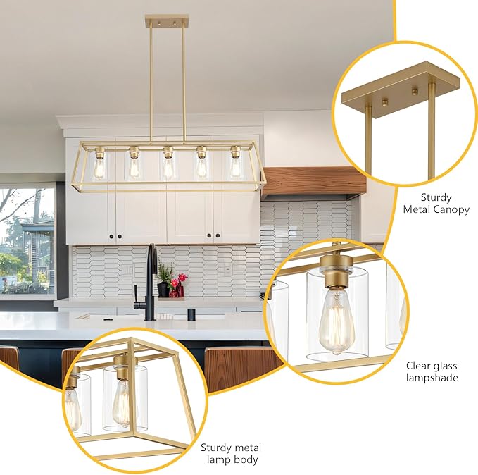 5-Light Gold Chandeliers for Dining Room | Modern Kitchen Island Light Fixture | Rectangle Chandelier for with Clear Glass Shade | Apply to Dining Room Light fixtures Over Table