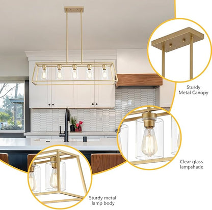 5-Light Gold Chandeliers for Dining Room | Modern Kitchen Island Light Fixture | Rectangle Chandelier for with Clear Glass Shade | Apply to Dining Room Light fixtures Over Table
