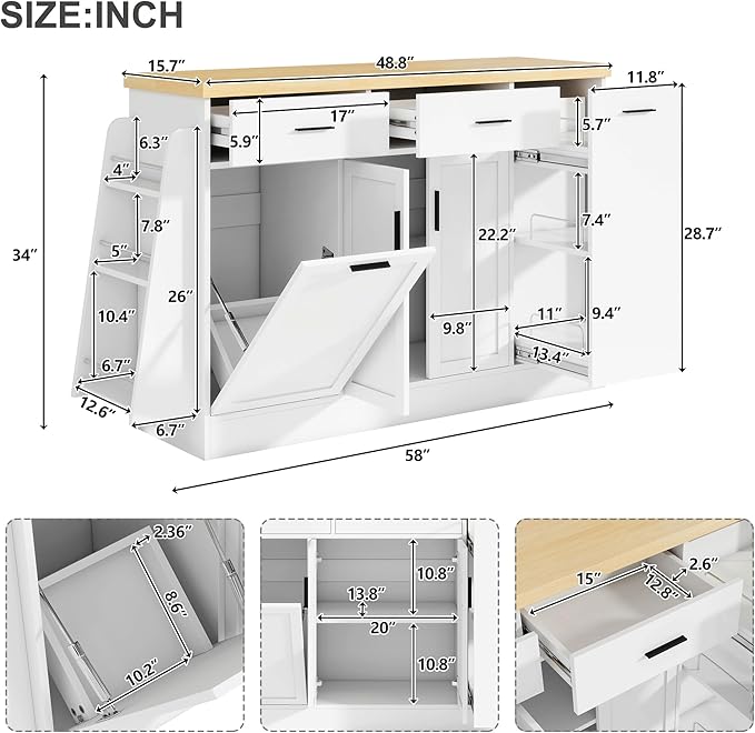 Multi-Functional Storage Sideboard with Sliding Door Cabinet, 3-Tier Spice Rack, Drawers, Trash Can Storage, Wood Kitchen Island Table for Kitchen, Dining Room (White//5c)