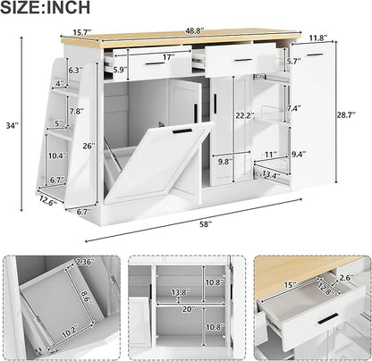 Multi-Functional Storage Sideboard, Trash Can Storage, Sliding Door Cabinet & 3-Tier Spice Rack,Kitchen Island Table for Kitchen, Dining Room (White)