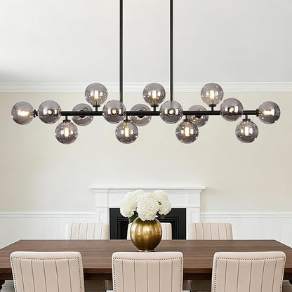 56 Inch Black Linear Chandeliers for Dining Room, Kitchen Island, Living Room, 16-Light Mid Century Modern Light Fixture Over Table, Large Smoke Grey Glass Globe Sputnik Bubble Chandelier