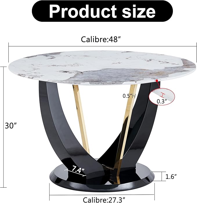 JUFU Round Dining Table for 4/6, 48 Inch Faux Marble Look Dining Room Table, Black Kitchen Table with Stable Pedestal, Modern Glass Dining Table for Kitchen,Living Room,Apartment,Restaurant