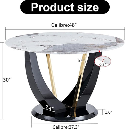 JUFU Round Dining Table for 4/6, 48 Inch Faux Marble Look Dining Room Table, Black Kitchen Table with Stable Pedestal, Modern Glass Dining Table for Kitchen,Living Room,Apartment,Restaurant