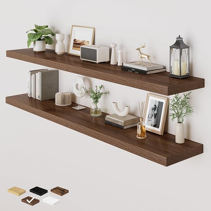 RICHFOCUS Deep Floating Shelves for Wall 2 Pack 12" D 36 Inch Wall Shelves for Room Wall|Wood Hanging Shelf with Invisible Brackets for Bathroom Bedroom Kitchen Laundry Room, Walnut