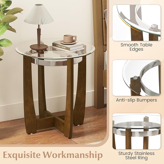 Giantex Round Glass End Table Set of 2, 24’’ Side Table with Tempered Glass Top, Nightstands with Cross & Solid Rubber Wood Base, Compact Bedside Night Stand for Bedroom Office Living Room (2, Walnut)