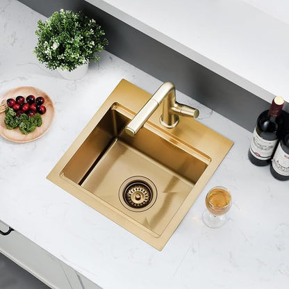 15x15 Inch Gold Drop In Bar Sink Workstation - 16 Gauge Stainless Steel Single Bowl, Small Kitchen Sink for RV, Wet Bar, Outdoor Kitchen & Prep Workstation