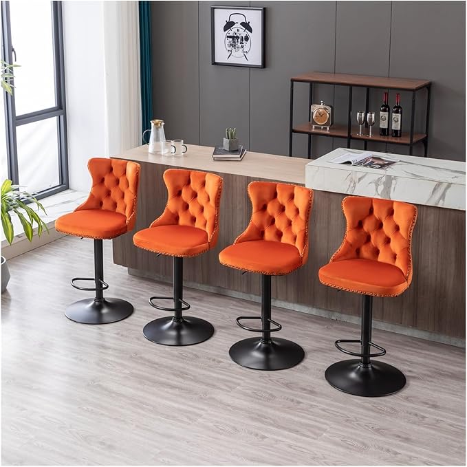 Swivel Velvet Barstools Adjusatble Seat Height from 25-33 Inch,17.7 inch Base, Modern Upholstered Bar Stools with Backs Comfortable Tufted for Home Pub and Kitchen Island,Orange,Set of 2