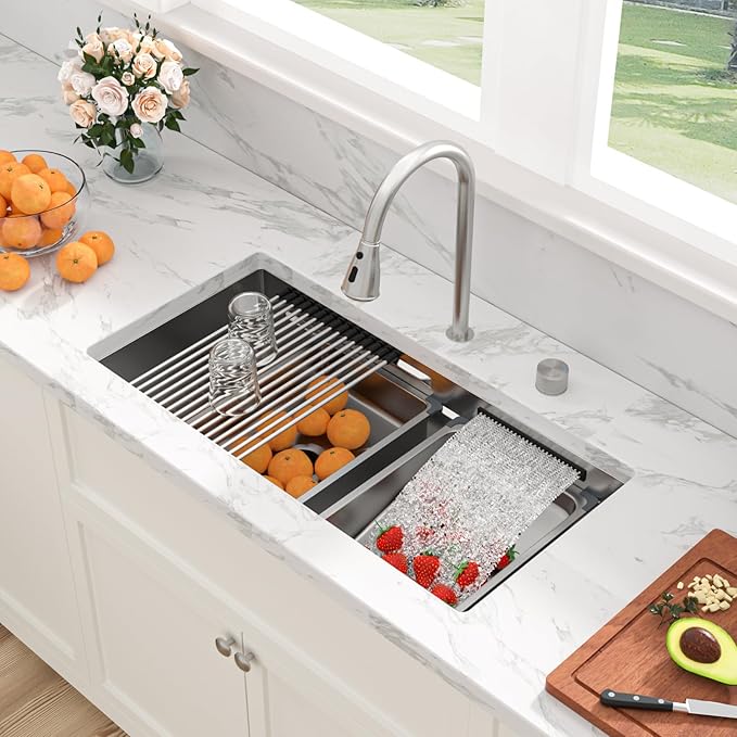 Sarlai 33 Inch Waterfall Kitchen Sink - Undermount Kitchen Sink With Waterfall Ledge Workstation Stainless Steel 16 Gauge Multifunction Single Bowl Under Mount Sinks Basin with Faucet